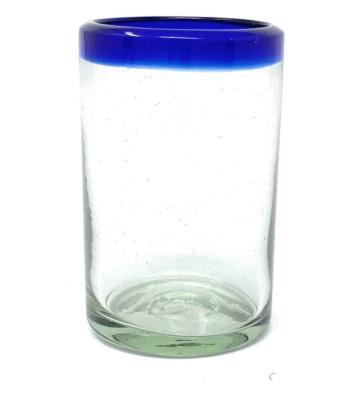 China Sustainably Hand Blown Mexican Drinking Glasses Set of 6 Juice Glasses with Cobalt Blue Rims (8 oz each) for sale