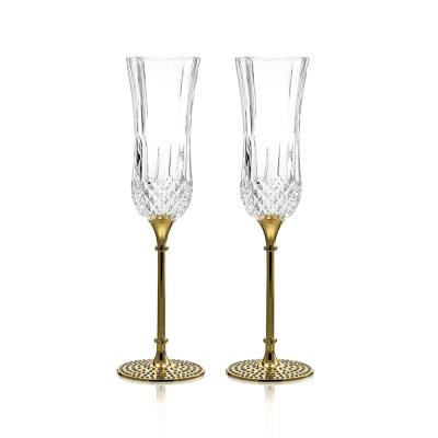 China Tall Wedding Glasses Crystal Decorated Metal Stand Gold Champagne Flute Wholesale Champagne Glass for Bride and Groom Gold Parties for sale