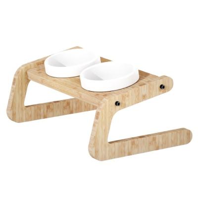 China Rounded Elevated Double Bowls Cat Small Dog Pet Food Water Feeder Bowl With Bamboo Stand for sale