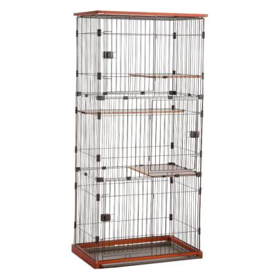 China Button Closure Metal Wire Cat Villa Cage with Drawable Toilet Tray and Wooden Frames for sale