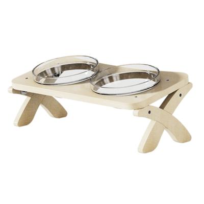 China X-shape Bamboo Wooden Stand Double Pet Bowl Tilted for Cats and Dogs 325mm*135mm*160mm for sale