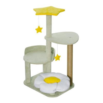 China Light Green Short Plush Cat Climbing Tree with Yellow Stars and Claw Scratcher Cattery for sale