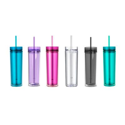 China Wholesale 16oz Clear Reusable Acrylic Water Bottle Double Wall Plastic Tumbler With Lids And Straws for sale