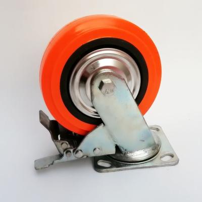 China Diameter 100mm Heavy Duty Orange PU PVC Double Ball Bearing Swivel Caster with Brake for sale