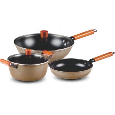 China Viable Maker Selling Non-Stick Three Piece Cookwares Set Including Pan With Tempered Glass Lid Bakelite Pot And Handle for sale