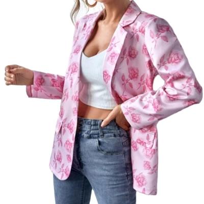 China Breathable Drop Shipping Hot Selling Floral Printed Pink Lady Blazer Women Fashion Loose Casual Coat Jackets Woman for sale