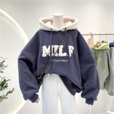 China Stitching Hoodie Logo Women Pullover Hoodies Custom Anti-wrinkle WinterLetter Lamb Hair And Velvet FB Wind for sale