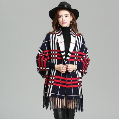 China Autumn Plaid Women Turtle Neck Cloak Shawl for sale