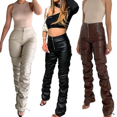 China Anti-Wrinkle Fashion Street High Waist Casual Pants Zipper PU Pleated Brown Stacked Trousers Leather Pants Womens for sale