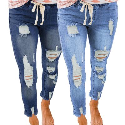 China Jean Pants Female Woman Bottoms Breathable Casual Drawstring Elastic Waist Destroyed Denim Friend Ripped Jeans For Women for sale