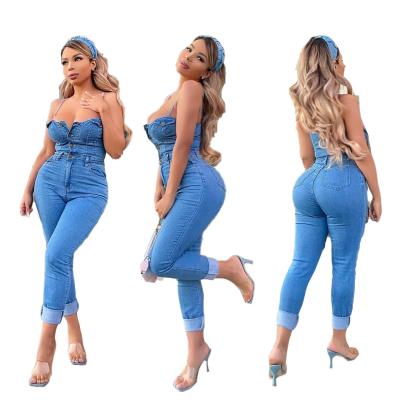 China Anti-pilling 2021 new arrival denim button sling overalls and rompers hollow out jeans overalls for women for sale