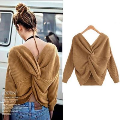 China Breathable Hot Sale Backless Irregular Crisscross Plus Size Sweaters Knit Back V Neck Plain Women Sweater Pullover for sale