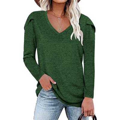 China Anti-wrinkle 2021 fall women clothes solid color 65% polyester 35% cotton petal long sleeve V-neck long sleeve T-shirt women for sale