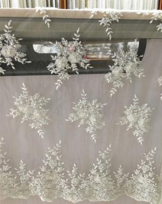 China Bridal Shrink-Resistant Heavy Hand Beaded Sequin Embroidery Lace Fabric For Dresses , Luxury Wedding Lace Fabric for sale