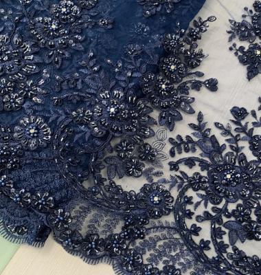 China Shrink-resistant luxury deep blue beaded sequined lace embroidery fabric for dresses, high quality dress fabric for sale