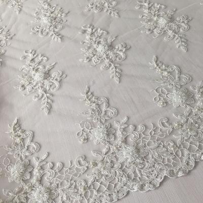 China New Design Shrink-Resistant Bridal Lace Fabric Hand Beaded Sequins Tie Lace Embroidery Fabric For Wedding Dress for sale