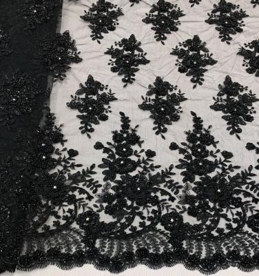 China Best Selling Black Shrink-Resistant Lace Fabric With Heavy Hand Beaded Rhinestones Lace Fabric Embroidery For Dresses Or Party for sale