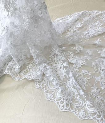 China Shrink-Resistant White Bridal Beaded Embroidery Lace Fabric Fashion Design, High Quality Wedding Dress Fabric for sale