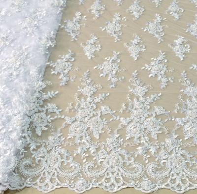 China High Quality Shrink-Resistant Net Beaded Lace Fabric For Girls Dress , Heavy Embroidery Lace Fabric For Bridal for sale