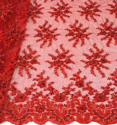 China Best Selling Red Color Heavy Hand Beaded Sequin Embroidered Lace Tulle Fabric For Formal Dress Or Bridal Shrink-Resistant for sale