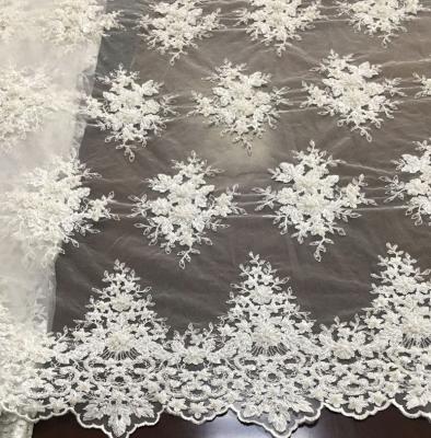 China Shrink-Resistant Bridal White Beaded Lace Fabric / Hand Embroidery Designs For Dress Or Wedding for sale