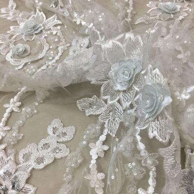 China New collection 3d flower lace applique with beads heavy sequin embroidery lace fabric for dress or bridal Shrink-resistant for sale