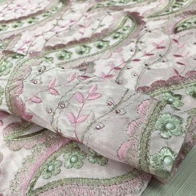 China Latest new design Tear-resistant all over embroidery satin fabric with stones and pearls pink lace fabric for clothing for sale