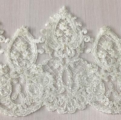 China Cheap And High Quality Off White Rope Border Lace Trim Shrink-Resistant Beaded Embroidery For Bridal Or Wedding for sale