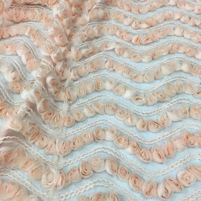 China Fancy 3d Chiffon Ribbon Shrink-Resistant Flower Embroidered Net Tulle Cloth / Peach Apparel & Dress Fabric for sale