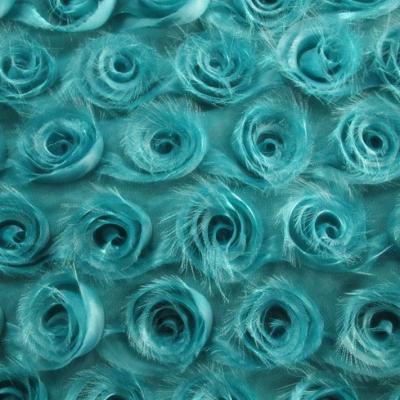 China Shrink-resistant blue base tulle fabric with organza lace ribbon rose flower embroidery design, ribbon fabric flowers for dresses or apparel for sale