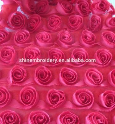 China Red Color 3d Ribbon Shrink-Resistant Chiffon Rose Flower Embroidery Tulle Fabric For Evening Dresses The Rose Which Is Made With Ribbon Band for sale