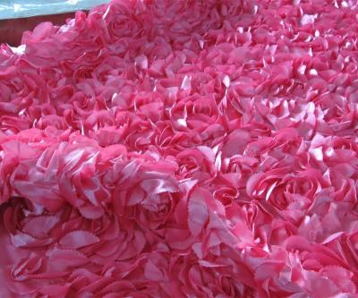 China Shrink-resistant fancy pink satin ribbon embroidery design flower lace fabric for apparel or dress for sale