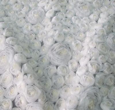 China Shrink-resistant latest fashion white chiffon fabric with organza rose ribbon flowers embroidered fabric for dresses or apparel for sale