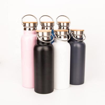 China 750ml Sustainable Wide Mouth Bamboo Lid Leakproof Thermal Flasks Vacuum Stainless Steel Water Bottle With Custom Logo for sale