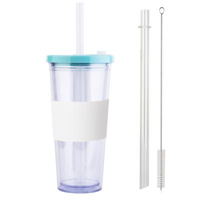 China Sustainable Reusable 24OZ Plastic Double Wall Insulated Bubble Tumbler Tea Cup With Stainless Steel Straw And Brush for sale