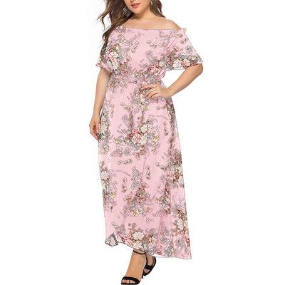 China Vacation Viable Vintage Plus Size Beach Maxi Dresses Pink Floral V-Neck Off The Shoulder Women Clothing Dress 5XL for sale