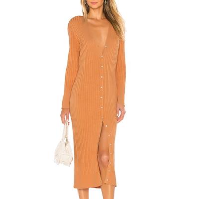 China Anti-Static Custom Long Sleeve Womens Knitted Fashion Chic Midi Ribbed Cardigans Sweater Dress for sale