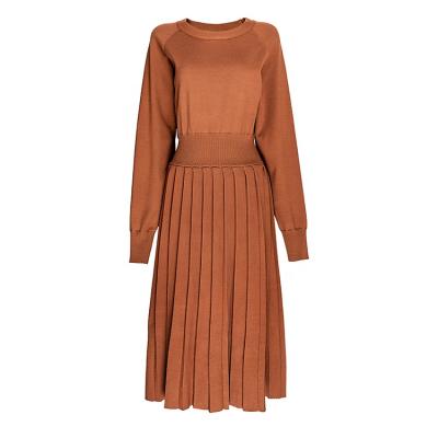 China RUYA Anti-Static Chic Pleated Detail Knit Midi Long Sleeve Casual Elegant Soft Custom Dress for sale