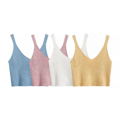 China Custom Women's Summer QUICK DRY Crop Cami Top Ribbed Knit Spaghetti V-Neckline Tie Up Sleeveless Solid Vest for sale