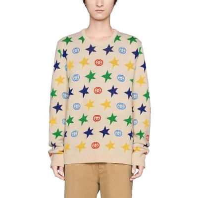 China Anti-wrinkle OEM 100%wool sweater crewneck plus size star jacquard long sleeve ribbed edge knit sweater for men for sale