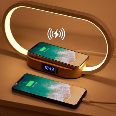 China 2022 New Modern Modern Arrive WR08 Wooden Desk Lamp Wireless Charger With USB Port Time Night Light for sale