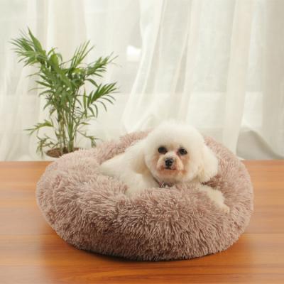 China Viable Long Plush Fluffy Pet Bed For Cat Puppy Donut Soothing Bed Anti Slip Dot Bottom Around Cat Bed for sale