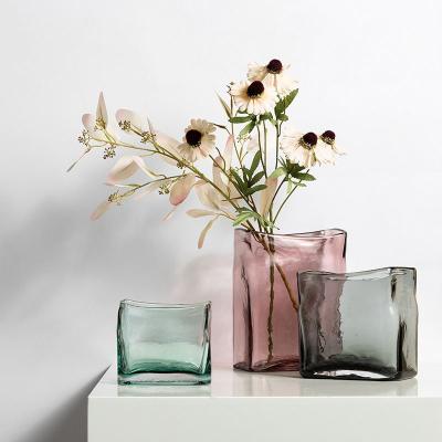 China Large Mouth Handmade Clear Transparent Vase Traditional Wholesale Nordic Blown Glass Square Vase For Flower Vase Home Decor for sale