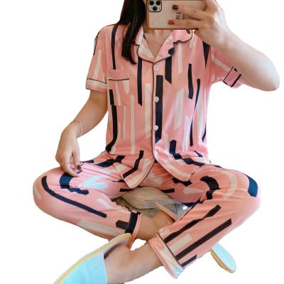 China QUICK DRY Ladies Sleepwear Milk White Stripes Black Silk Printed Loose Thin Pijamas Home Leisure Pajamas For Women for sale