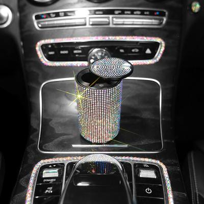 China Colorful Diamond Bling Diamond Pink Red Car Ashtray With Protable Cup Holder Led Diamond Auto Ashtrays Cigarette Metal Ashtray With Lid for sale