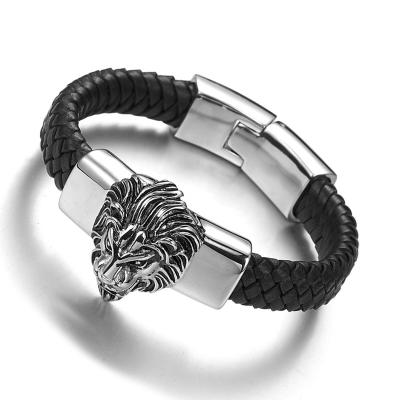 China Stainless Steel Lion Head Trendy High Quality Rope Bracelet Unisex Leather Bracelet Bangle for sale