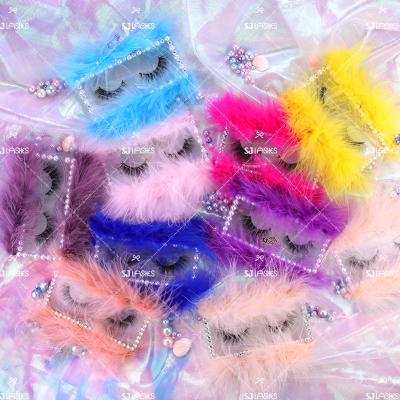 China Luxury Fake Lash Storage Box Pink Purple Blue Yellow With Feathers Factory Wholesale Logo Customize Packing 1 Pair Eyelash Makeup Case for sale