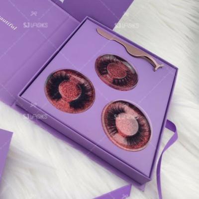 China 3 Pairs Long Natural Eyelashes Round Purple Eyelash Eyelash Aid Ribbon Packing Boxes Set Fashion Silk Lashes for sale