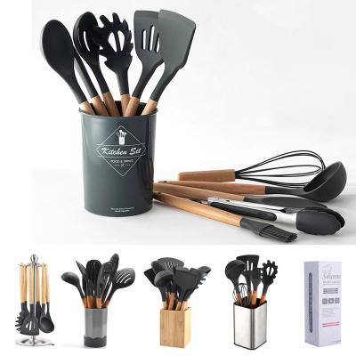 China Sustainable Stock Custom Amazon Rack Silicone Kitchenware Utensils Set Wood Handle for sale