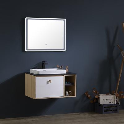 China Modern square design white and yellow color wood cabinet with led light hotel comercial design bathroom vanity for sale